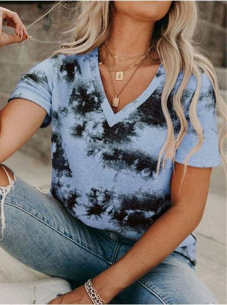 T-shirts - V-neck Loose Tie-dye Short-sleeved T-shirt - MsDressly