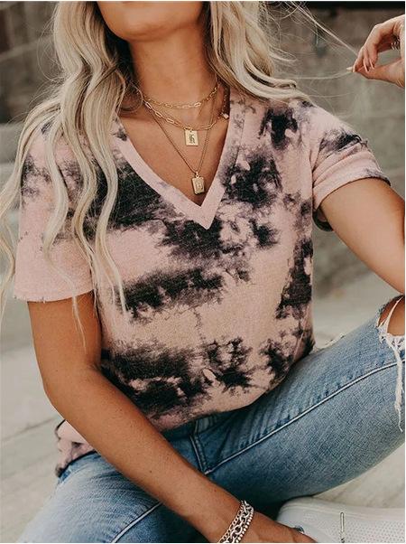 T-shirts - V-neck Loose Tie-dye Short-sleeved T-shirt - MsDressly