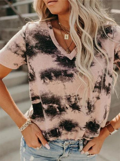 T-shirts - V-neck Loose Tie-dye Short-sleeved T-shirt - MsDressly