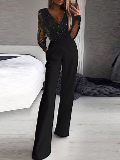 V-Neck Mesh Stitching Long Sleeve Jumpsuit