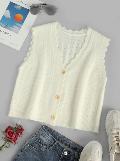 V Neck Pointelle Knit Scalloped Cardigan Vest - LuckyFash™