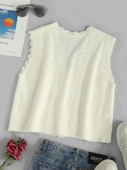 V Neck Pointelle Knit Scalloped Cardigan Vest - LuckyFash™