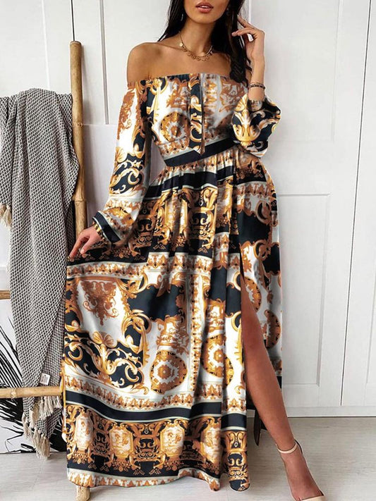 V-neck Print Long-sleeved Split Hem Dress for Women