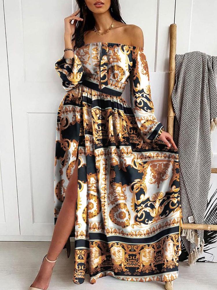 V-neck Print Long-sleeved Split Hem Dress - LuckyFash™