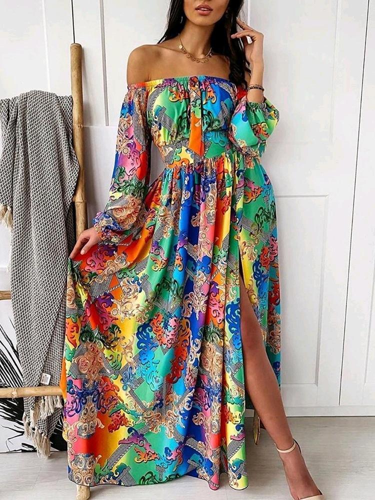 V-neck Print Long-sleeved Split Hem Dress for Women