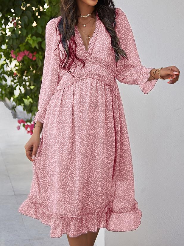 V-neck Printed Long Sleeve Midi Dress - LuckyFash™