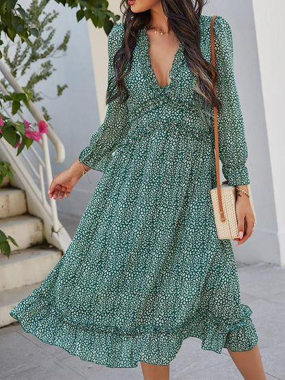 V-neck Printed Long Sleeve Midi Dress - LuckyFash™