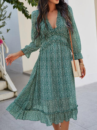 V-neck Printed Long Sleeve Midi Dress - LuckyFash™