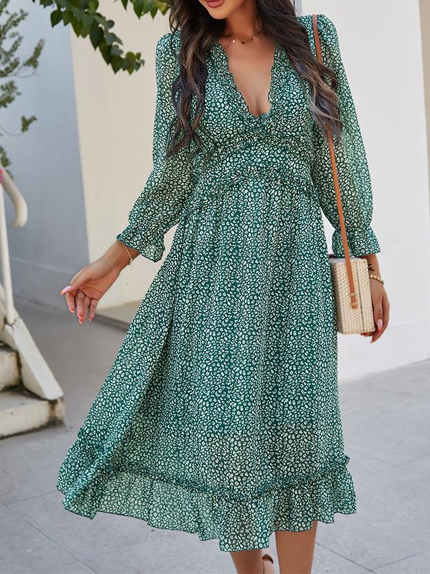 V-neck Printed Long Sleeve Midi Dress - LuckyFash™