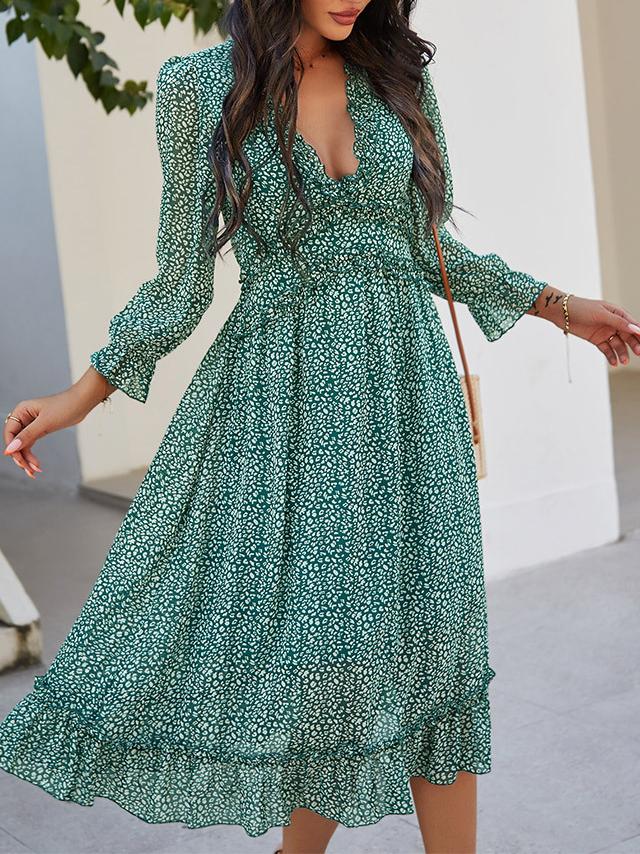 V-neck Printed Long Sleeve Midi Dress - LuckyFash™