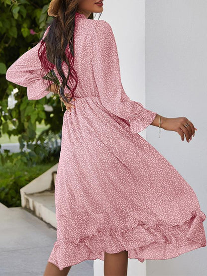 V-neck Printed Long Sleeve Midi Dress - LuckyFash™