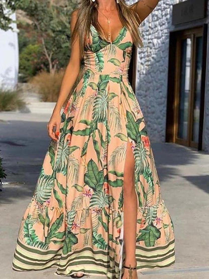 V-neck Printed Sleeveless Slit Dress - LuckyFash™