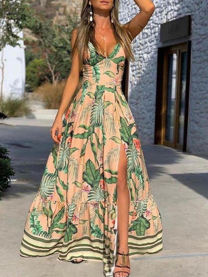 V-neck Printed Sleeveless Slit Dress - LuckyFash™