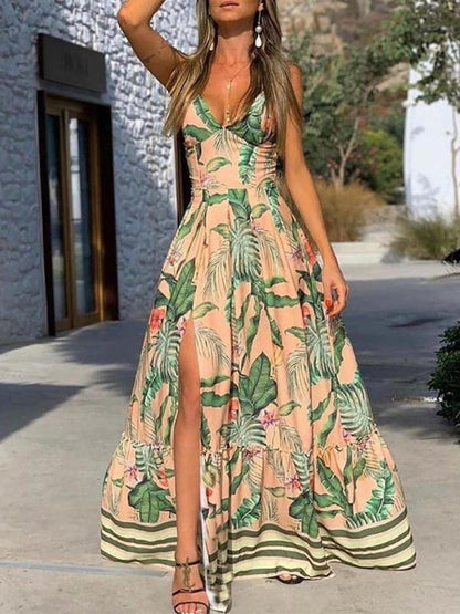 V-neck Printed Sleeveless Slit Dress - LuckyFash™