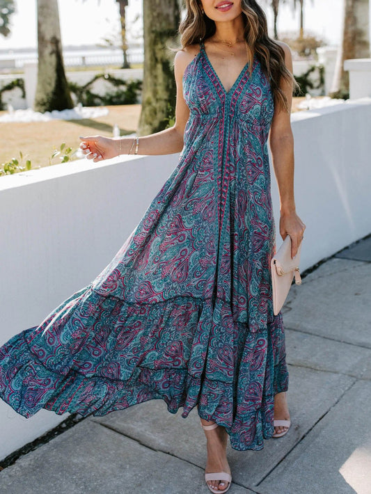 V-Neck Printed Sling Maxi Dresses for Women