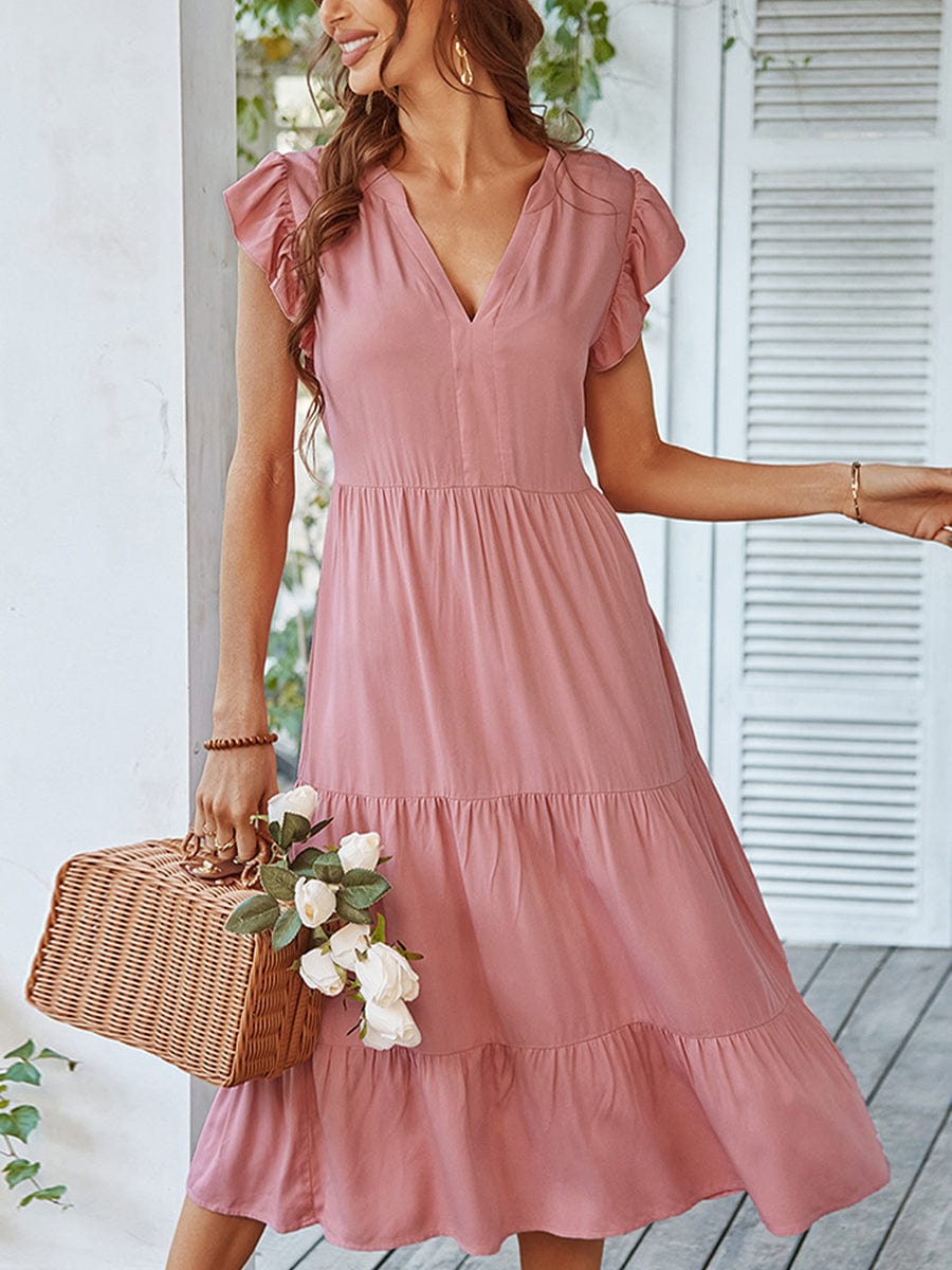 V Neck Sexy Solid Color Casual Fly Sleeve Midi Dress