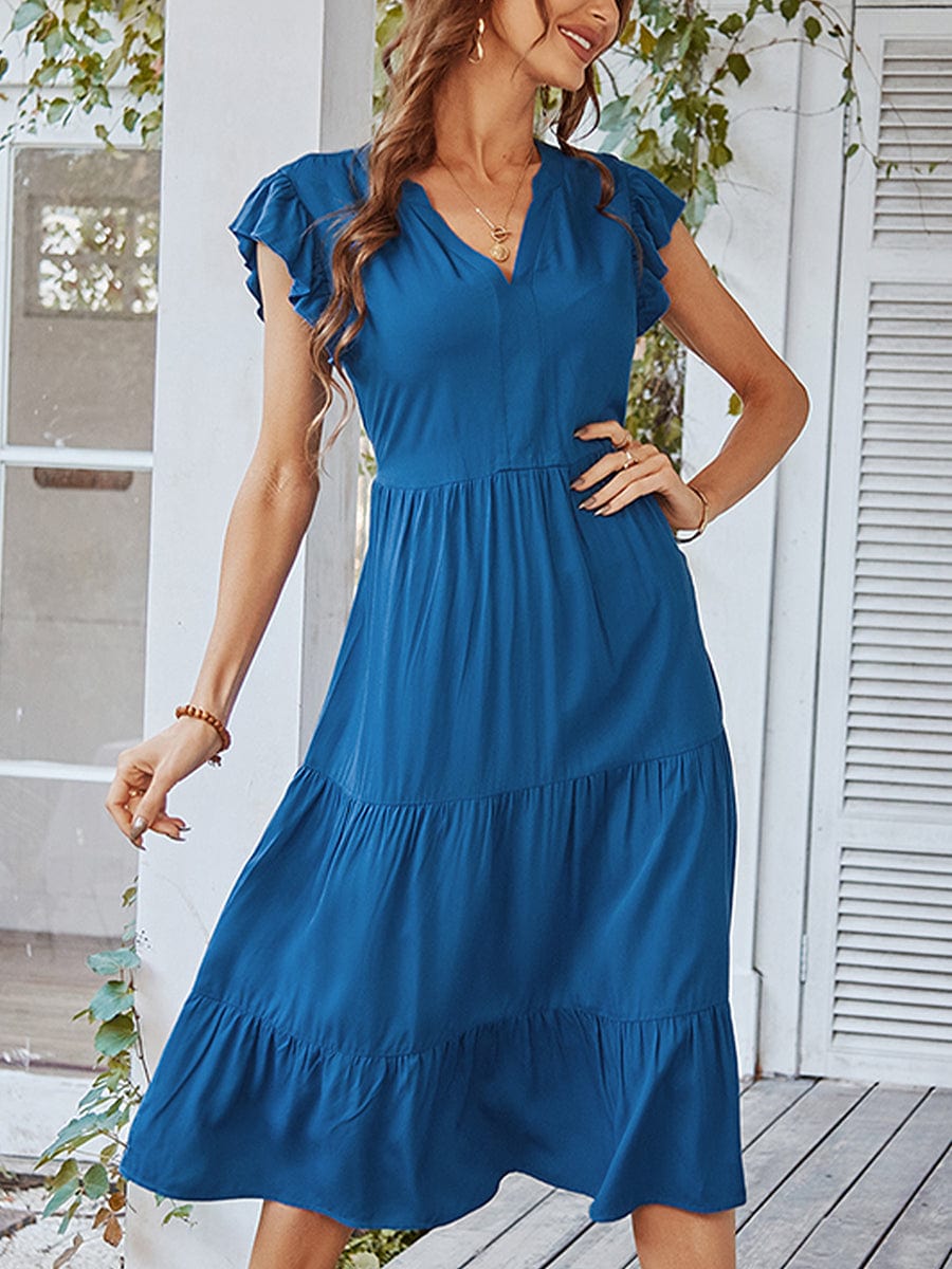 V Neck Sexy Solid Color Casual Fly Sleeve Midi Dress