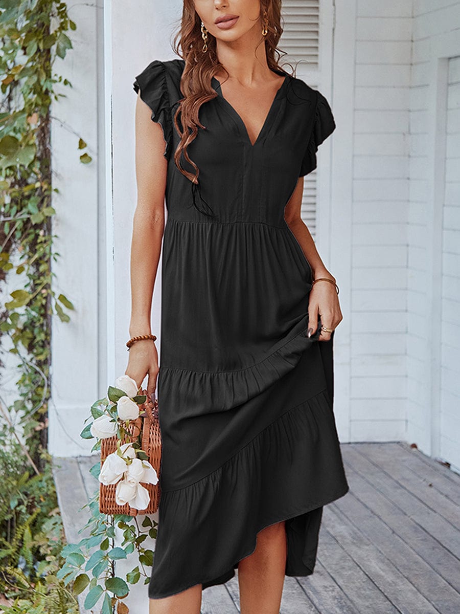 V Neck Sexy Solid Color Casual Fly Sleeve Midi Dress