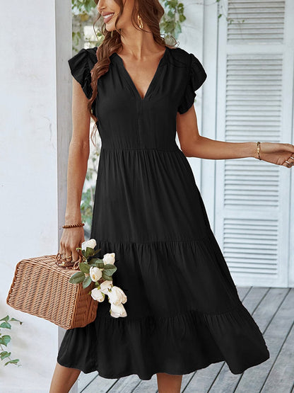 V Neck Sexy Solid Color Casual Fly Sleeve Midi Dress