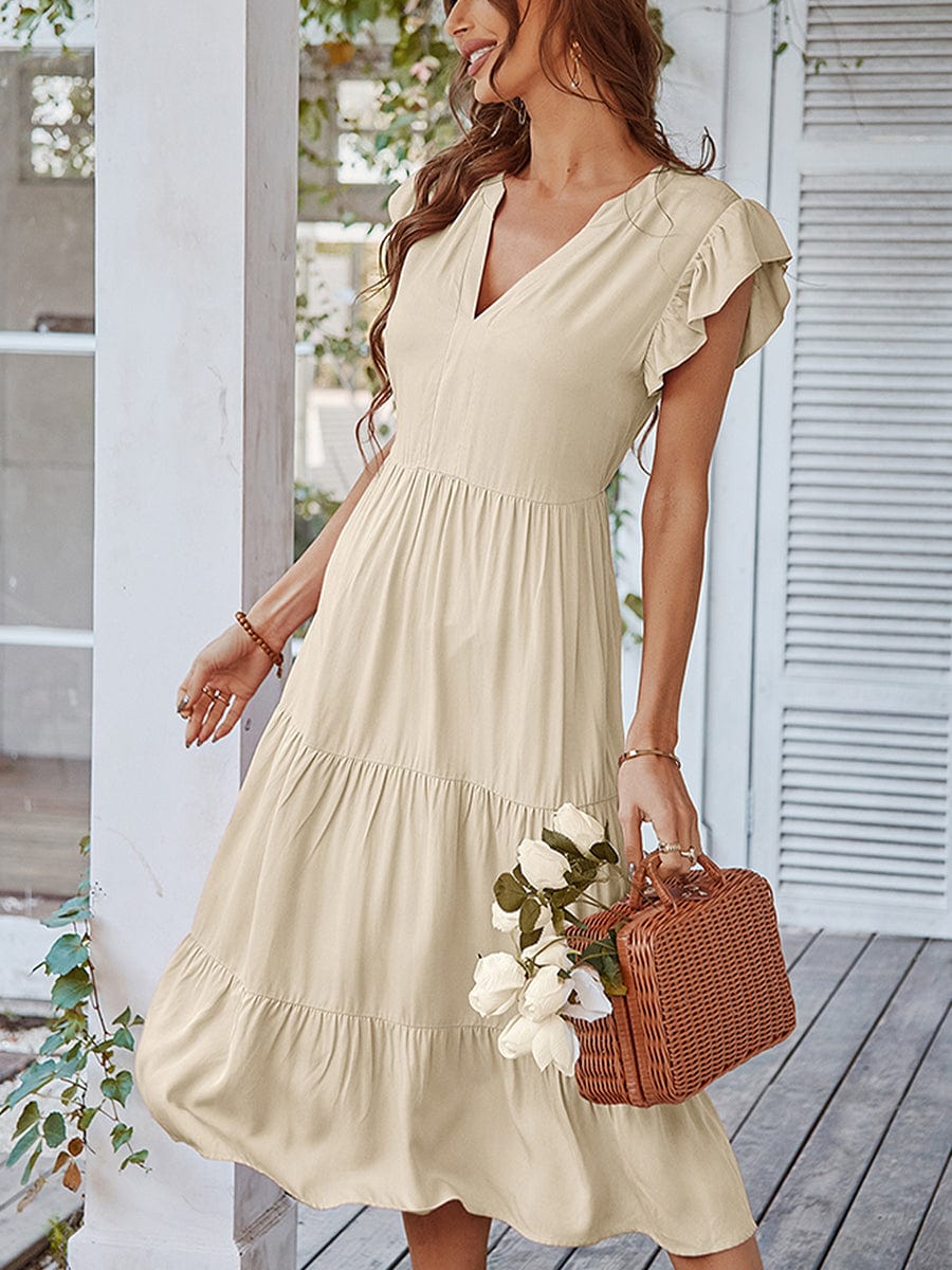 V Neck Sexy Solid Color Casual Fly Sleeve Midi Dress