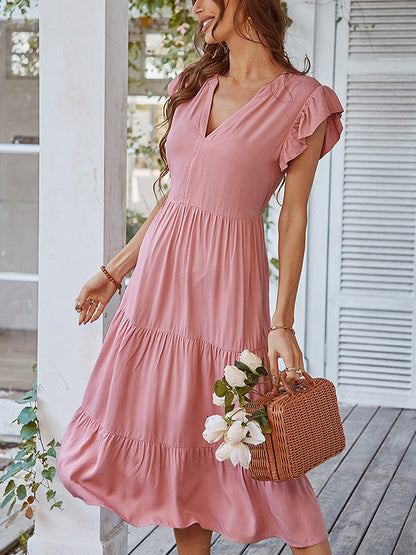 V Neck Sexy Solid Color Casual Fly Sleeve Midi Dress