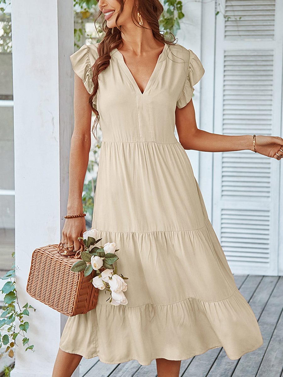 V Neck Sexy Solid Color Casual Fly Sleeve Midi Dress