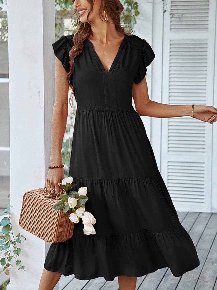 V Neck Sexy Solid Color Casual Fly Sleeve Midi Dress