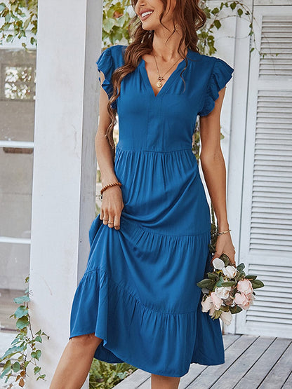 V Neck Sexy Solid Color Casual Fly Sleeve Midi Dress