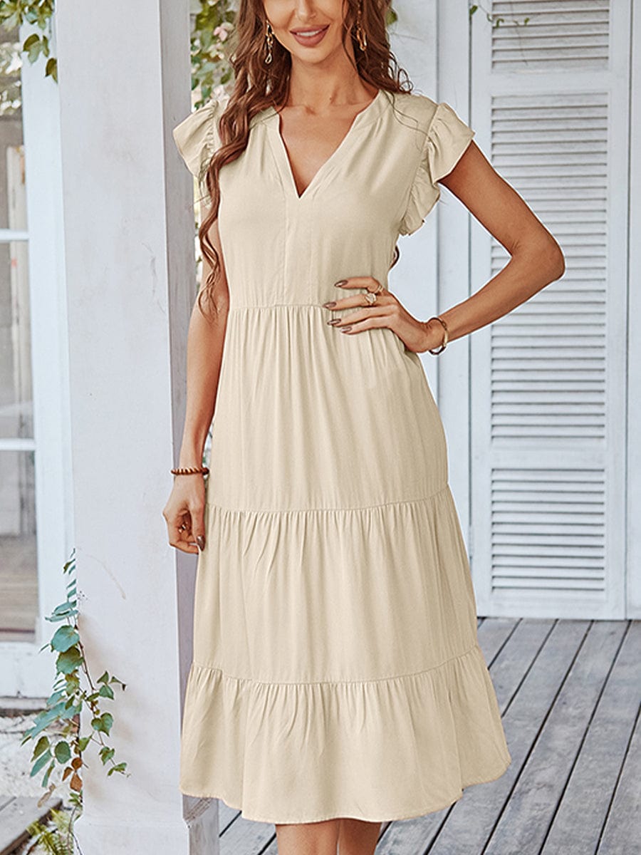 V Neck Sexy Solid Color Casual Fly Sleeve Midi Dress