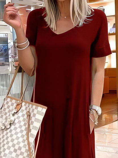 Maxi Dresses - V-Neck Short Sleeve Casual Pocket Dress - MsDressly