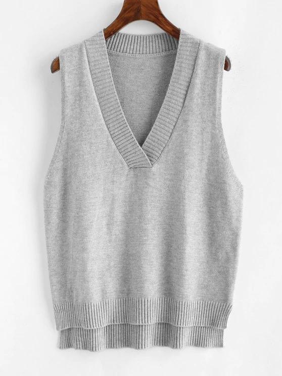 V Neck Slit High Low Sweater Vest for Women