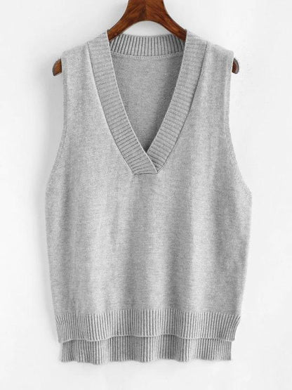 V Neck Slit High Low Sweater Vest for Women