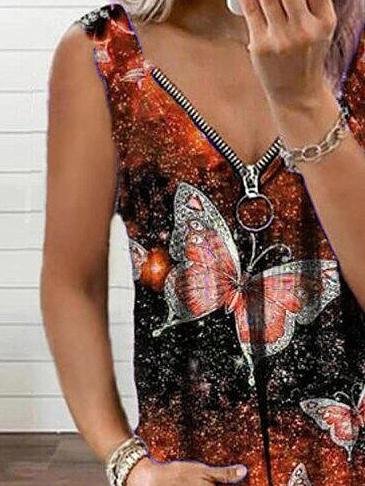 Tank Tops - V-neck Zipper Butterfly Print Loose Tank Top - MsDressly