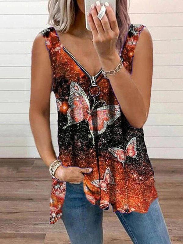 Tank Tops - V-neck Zipper Butterfly Print Loose Tank Top - MsDressly