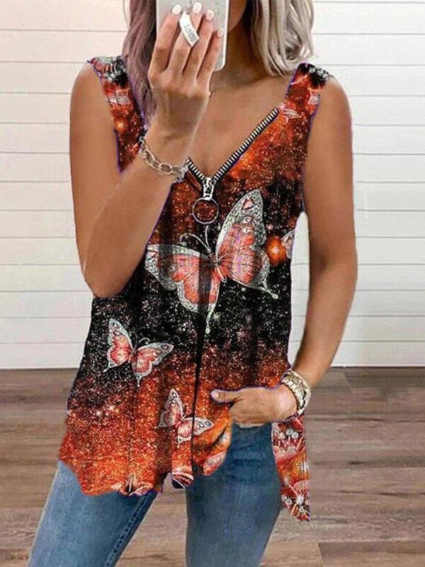 Tank Tops - V-neck Zipper Butterfly Print Loose Tank Top - MsDressly