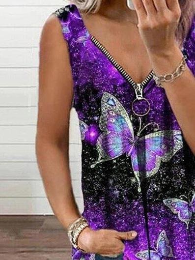 Tank Tops - V-neck Zipper Butterfly Print Loose Tank Top - MsDressly