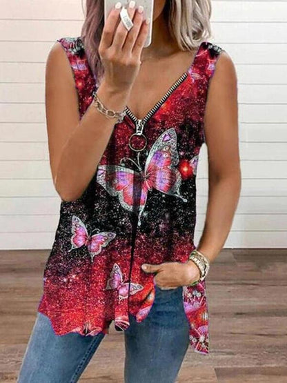 Tank Tops - V-neck Zipper Butterfly Print Loose Tank Top - MsDressly