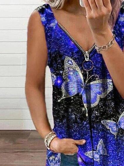 Tank Tops - V-neck Zipper Butterfly Print Loose Tank Top - MsDressly