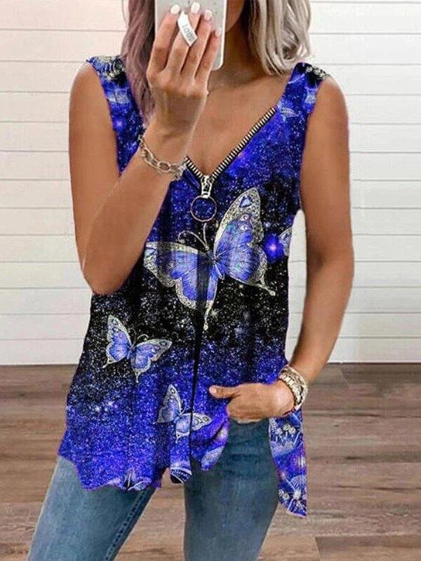 Tank Tops - V-neck Zipper Butterfly Print Loose Tank Top - MsDressly