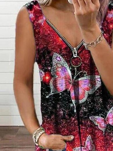 Tank Tops - V-neck Zipper Butterfly Print Loose Tank Top - MsDressly