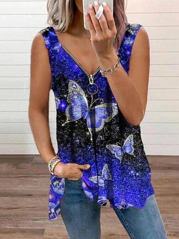 Tank Tops - V-neck Zipper Butterfly Print Loose Tank Top - MsDressly