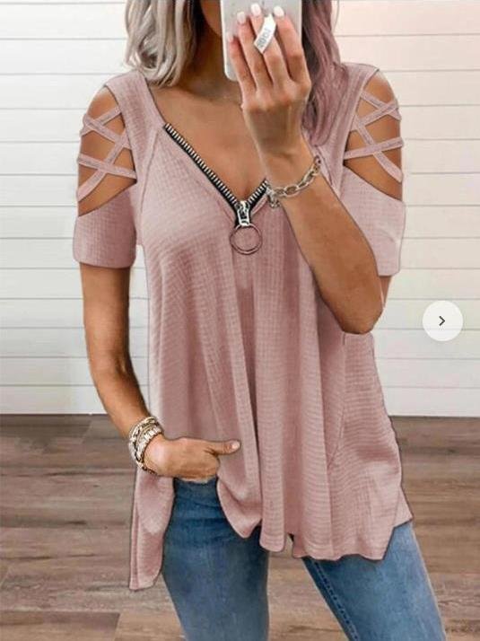 V-Neck Zipper Short Sleeve Solid T-Shirt