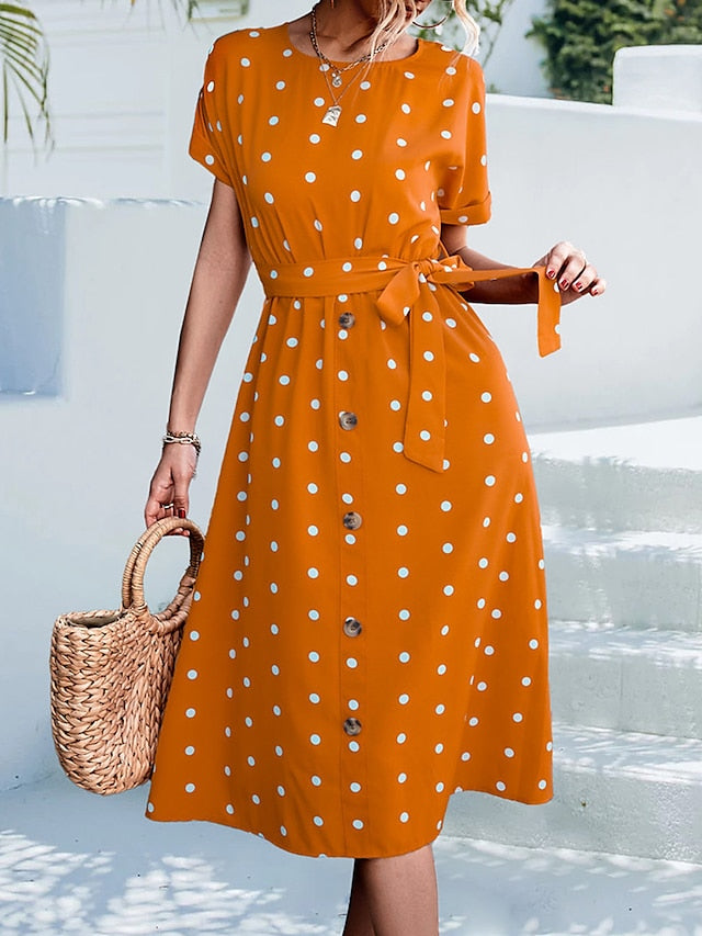 Women's Casual Dress Summer Dress PolkaÂ DotÂ Dress Polka Dot Lace up Print Crew Neck Midi Dress Fashion Streetwear Outdoor Date Short Sleeve Regular Fit Black Yellow Pink Summer Spring S M L XL - LuckyFash™