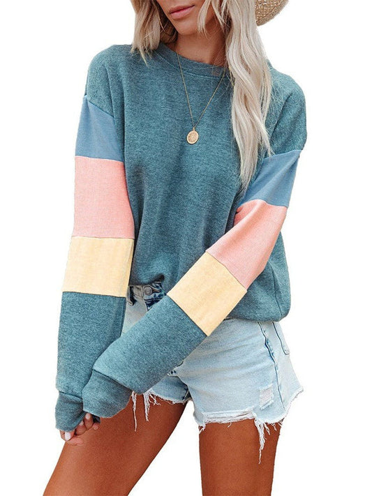 Versatile Contrast Color Pullover Women's Sweatshirt with Round Neck