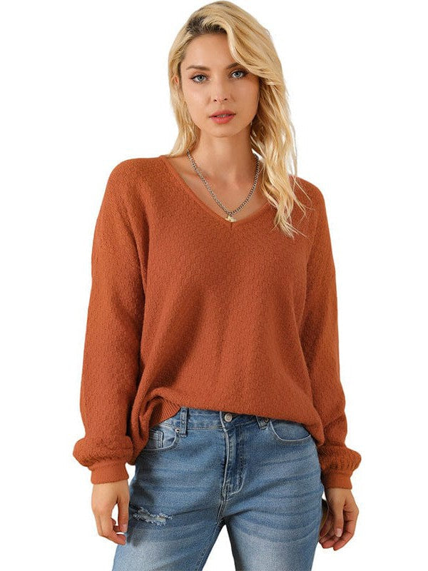 Versatile Knitted V-Neck Sweater with Lantern Sleeves