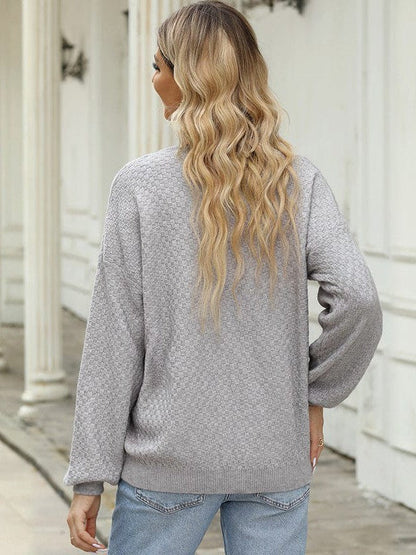 Versatile Knitted V-Neck Sweater with Lantern Sleeves