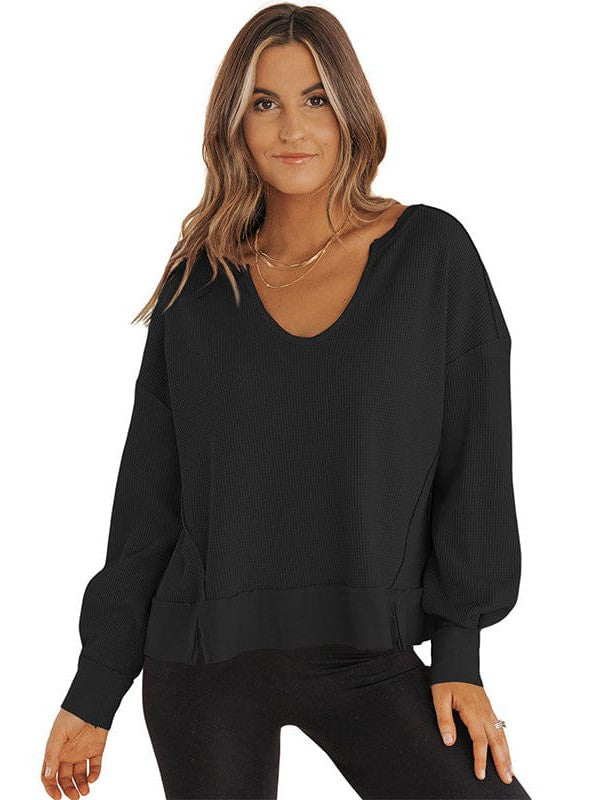 Versatile Long-Sleeve Solid Color Women's Sweatshirt with Waffle Style and Loose Fit