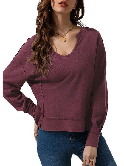 Versatile Long-Sleeve Solid Color Women's Sweatshirt with Waffle Style and Loose Fit