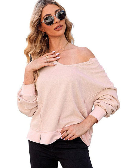 Versatile Long-Sleeve Solid Color Women's Sweatshirt with Waffle Style and Loose Fit