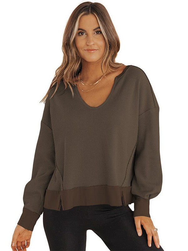 Versatile Long-Sleeve Solid Color Women's Sweatshirt with Waffle Style and Loose Fit